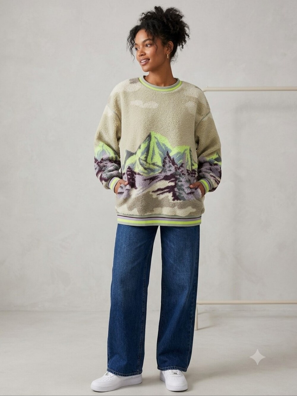 Out From Under Urban Outfitters Mountain Graphic Sherpa Fleece Sweatshirt, Small